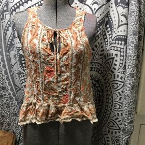 Patrons of Peace Cream Tank with Orange Paisley Print and Ruffle Hem